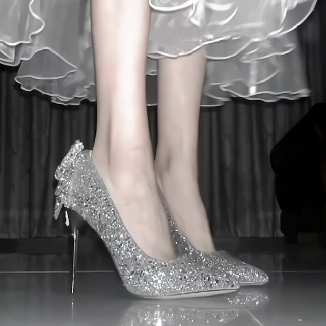 Silver crystal high heels women's stiletto 18-year-old adult dress temperament butterfly wedding dress two-wear wedding shoes bridal shoes