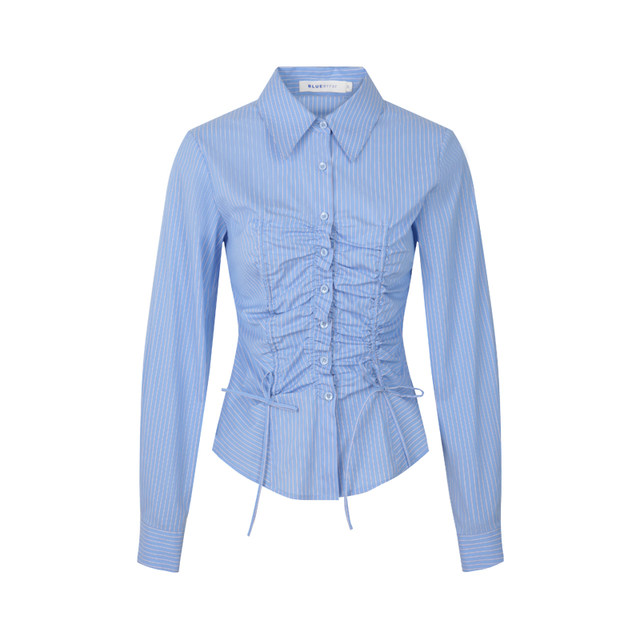 BLUEerror waist-hugging and slimming unique drawstring white striped long-sleeved shirt for women in summer