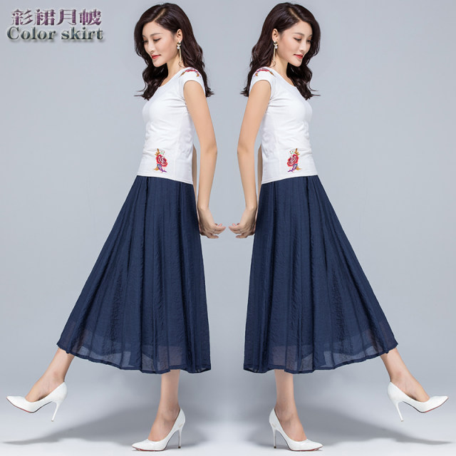 Summer new literary retro mid -long skirt thin cotton and linen skirt high waist thin waist thin umbrella skirt large size women's skirt
