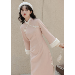 Fresh and sweet pink collar clasp Improved cheongsam little woman tucked waist skinny new Chinese style national style dress