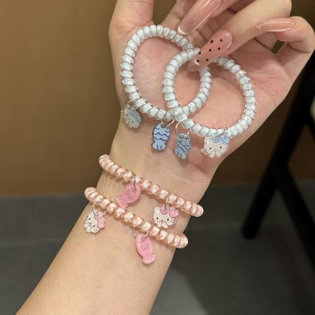 Cute cat eating fish high elasticity ponytail phone cord hair band female ins style niche simple couple bestie bracelet