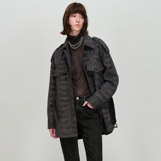 New U/TI Youti 2025 spring dark gray wide version jacket classic full-print trendy belt windbreaker for women
