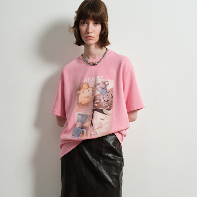 New U/TI Youti 2025 spring pink casual top printed mid-sleeved cotton short-sleeved T-shirt for women
