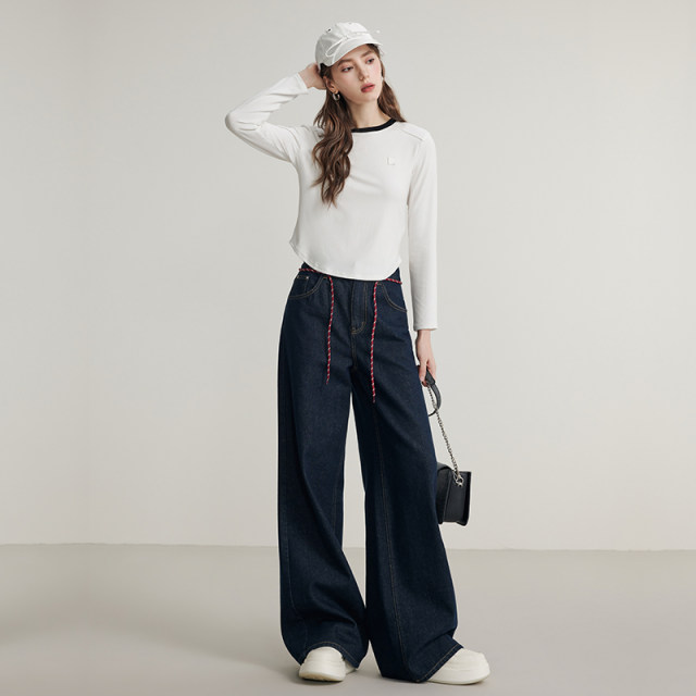 White long-sleeved round neck T-shirt, small slim base shirt, KBNE spring and autumn new spliced ​​contrasting top for women
