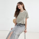 Gray green flower bud short-sleeved T-shirt base shirt KBNE2025 summer new versatile design round neck top for women