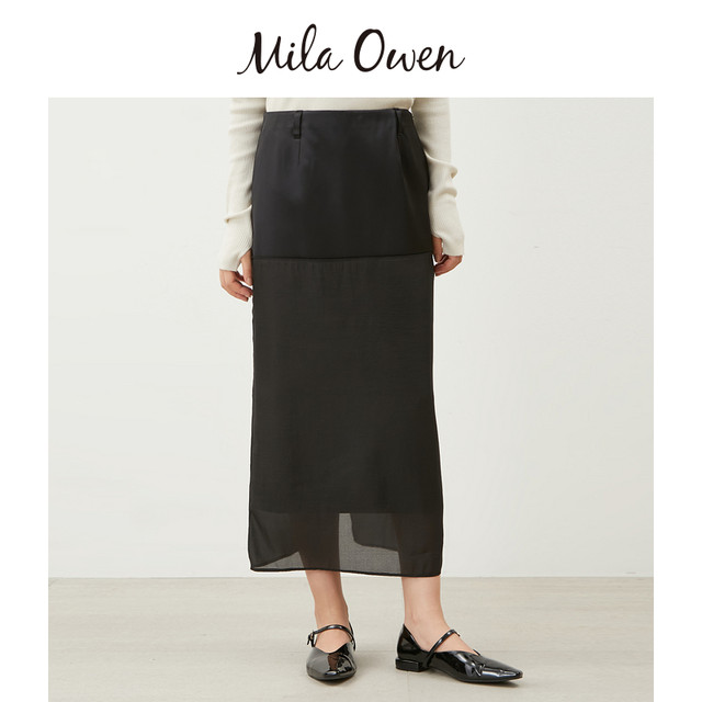 Mila Owen24 autumn and winter new product elegant temperament rear slit high waist splicing straight skirt 09WFS245007