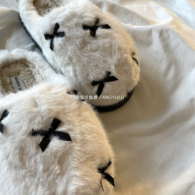 Fang Yulu ins style bow slippers for women 2025 autumn and winter new home warm anti-slip cotton shoes for outer wear