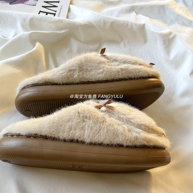 Fang Yulu ins style bow slippers for women 2025 autumn and winter new home warm anti-slip cotton shoes for outer wear