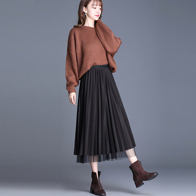 Large size mesh skirt autumn and winter fat m drape high waist pleated skirt mid-length a line fairy pleated black gauze skirt