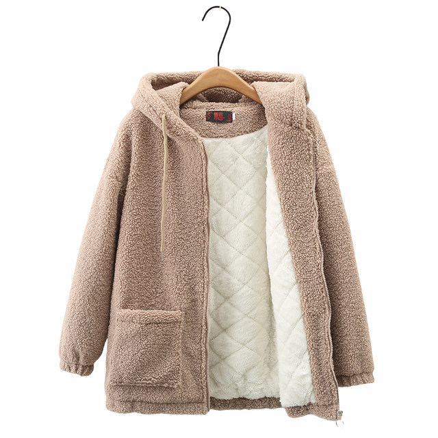 Middle -aged and elderly women's lamb cashmere tops plus large size fat mother winter clothing plus velvet thick jacket warm cotton jacket