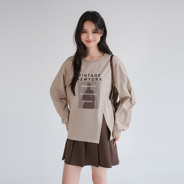 Lan Ruoshui large-size women's clothing design sense slit printed sweatshirt fat mm autumn new belly covering top