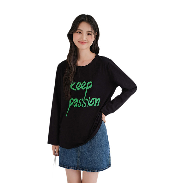 Lan Ruoshui Large size women's letters, printed loose tops, autumn new product fat MM casual bottoming shirts American T -shirt