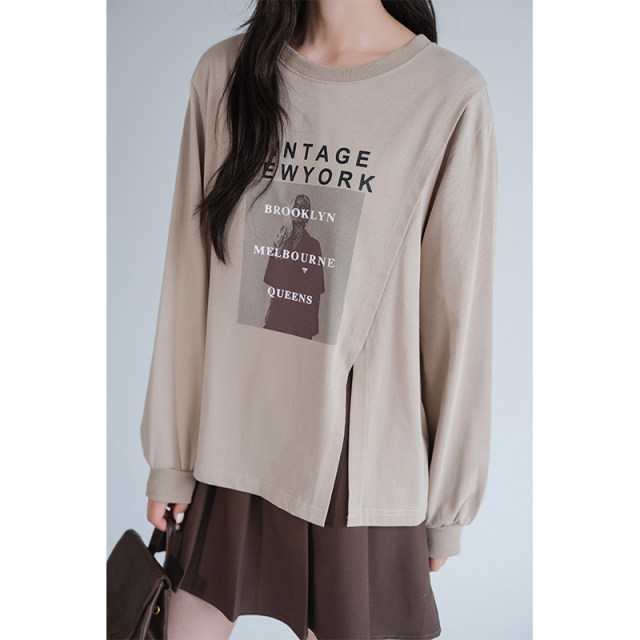Lan Ruoshui large-size women's clothing design sense slit printed sweatshirt fat mm autumn new belly covering top