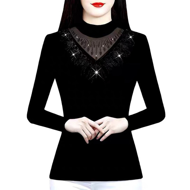 Spring and Autumn Black Mom's Half High Neck Long Sleeve Inner Top T-shirt Hollow Diamond Inner Top Women