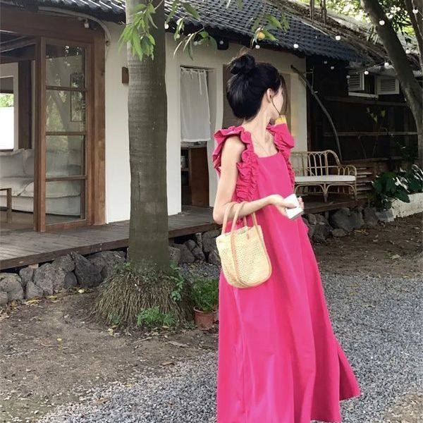 Temperament Rose Red Small Flying Sleeves Square Neck Dress Women's Summer Loose Slim Long Skirt Sweet Seaside Skirt