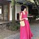 Temperament Rose Red Small Flying Sleeves Square Neck Dress Women's Summer Loose Slim Long Skirt Sweet Seaside Skirt