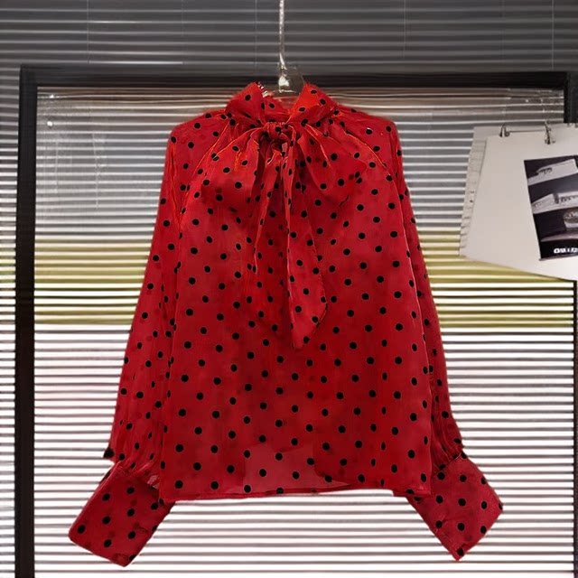 Women's bow tie shirt temperament long sleeve top polka dot dot shirt white occupation chiffon black white