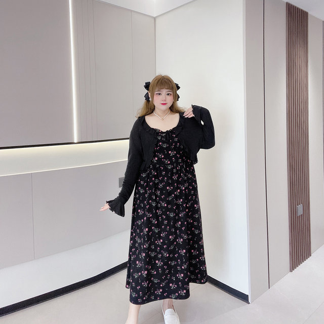 Fat fairy Yingying large size women's clothing fat mm spring and summer flesh-covering temperament cardigan tea break floral suspender dress set
