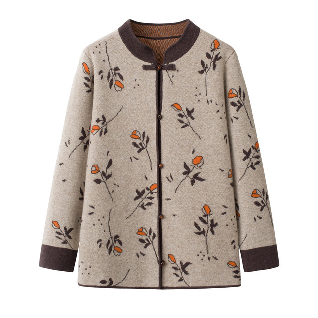 
2025 autumn and winter new middle-aged and elderly women's thickened stand-up collar Chinese style buckle 100% pure wool sweater mother's jacket