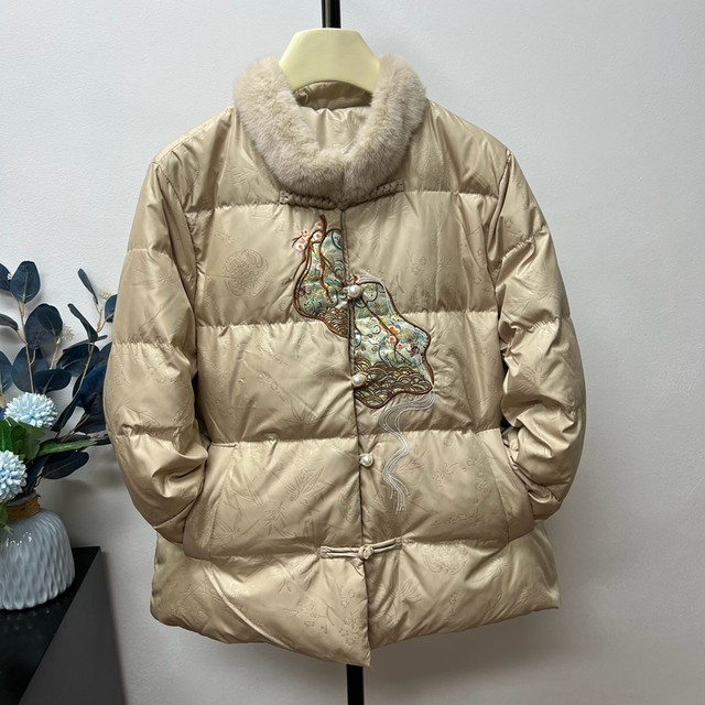 Winter warm national style grandma down jacket thickened coat top middle-aged and elderly mothers fur collar loose plus size women