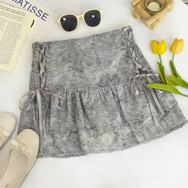 Design versatile side strap bow high waist ink printed ruffle cake skirt skirt short skirt women