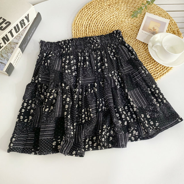 Sweet and small fresh floral ruffled skirts Summer new high -waisted versatile A -line light skirt female
