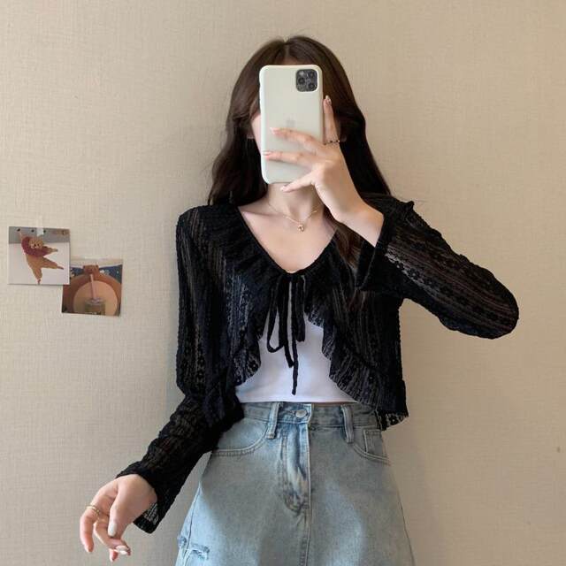Lace sunscreen cardigan for women, summer thin suspender skirt, blouse, small waistcoat, long sleeves, short shawl jacket