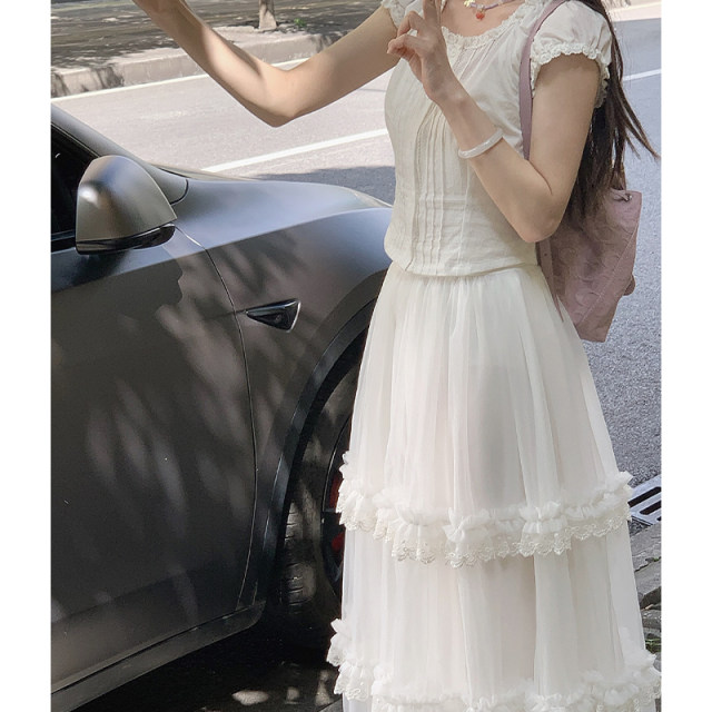 Mang Sui Sweet Cake Skin Skirt Fairy Net Slot Mid -Meta -Coat Baboli Lace Skirt 2023 New Summer Autumn
