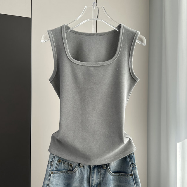 Square collar suspender vest for women thickened and warm inner wear in autumn and winter plus velvet wide shoulder cover sleeveless bottoming shirt top
