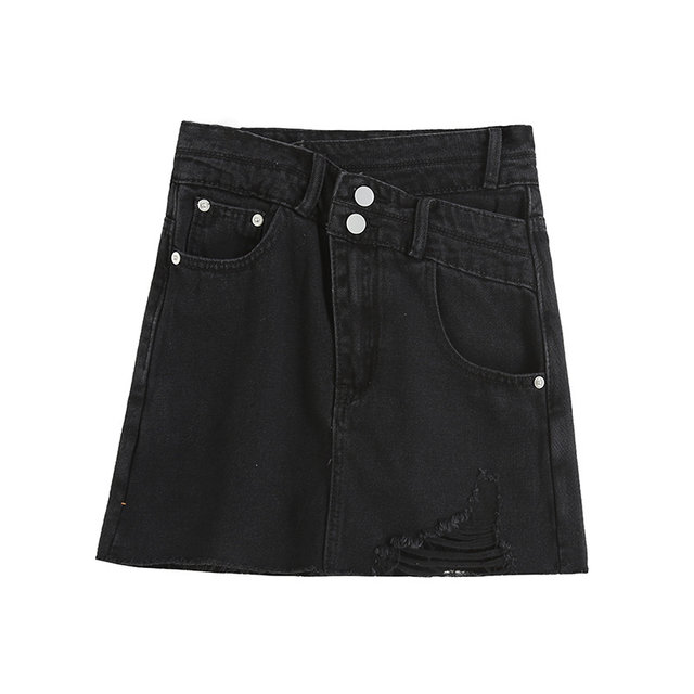 BANA foreign trade original single export asymmetric American retro high waist A-line ripped denim skirt skirt skirt skirt