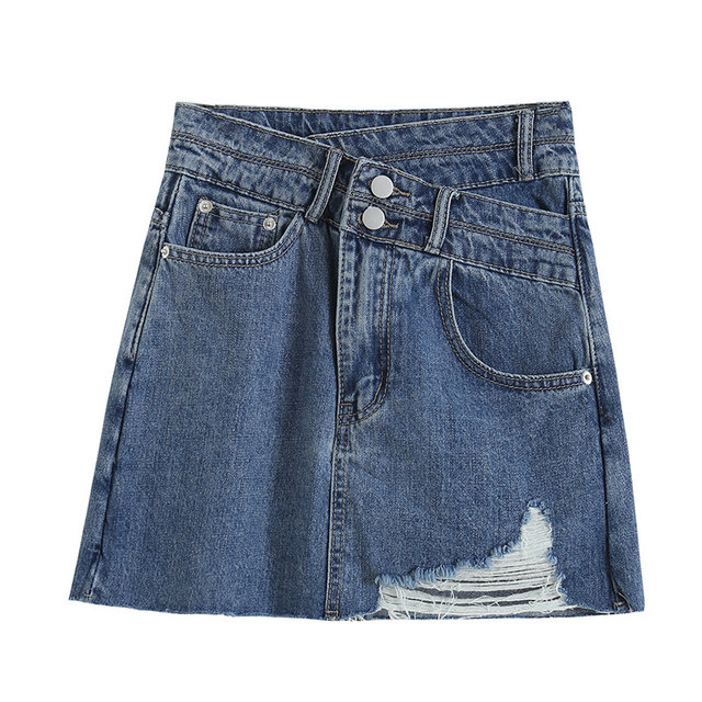 BANA foreign trade original single export asymmetric American retro high waist A-line ripped denim skirt skirt skirt skirt