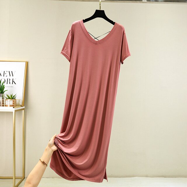 
Modal V-neck long dress summer thin slit short-sleeved T-shirt skirt loose home nightgown large size casual skirt