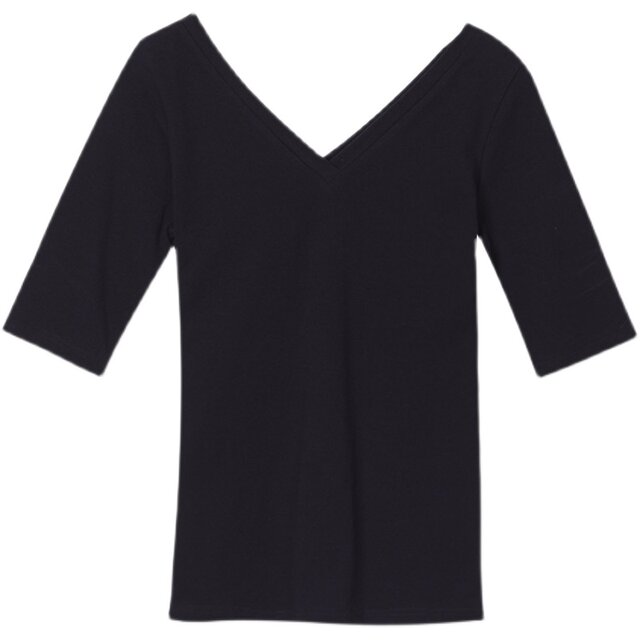 Front and rear V-neck mid-sleeved T-shirt for women with five-quarter sleeves pure cotton tight inner bottom shirt seven-quarter sleeve low-neck backless top
