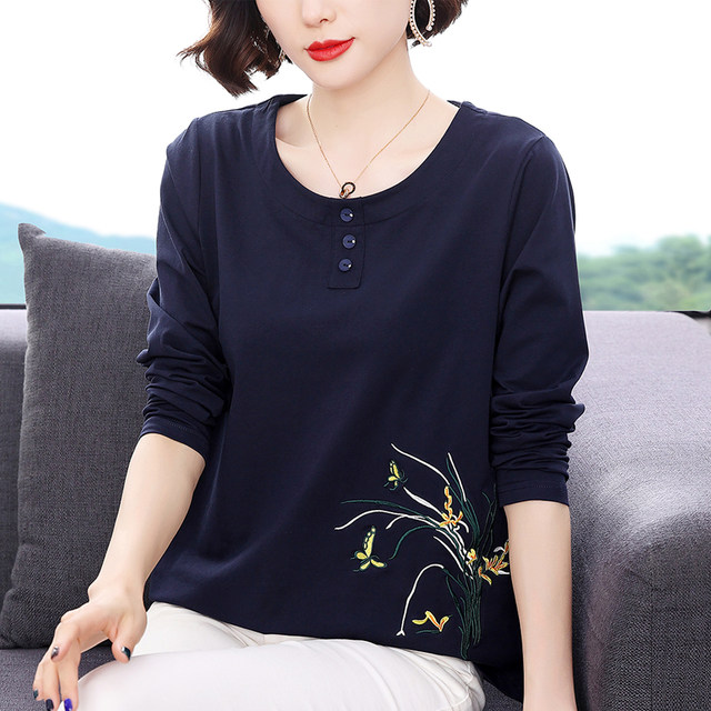 Mom Spring and Autumn Clothing 2025 new autumn clothes wear pure cotton long-sleeved T-shirt for women and middle-aged women's tops loose base shirt