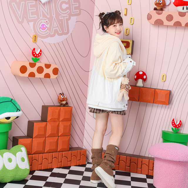 2025 spring girl star bear plaid PU splicing loose fake two-piece hooded beige sweatshirt cardigan jacket
