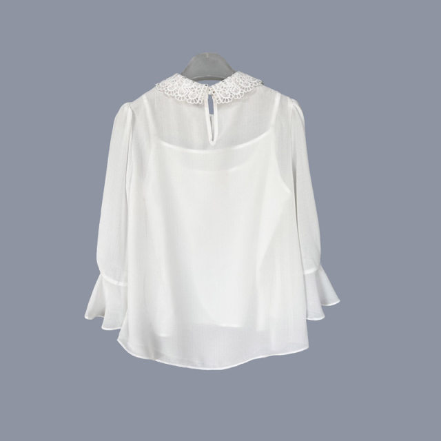 Lap series genuine beautiful beaded lace doll collar 7-quarter sleeve chiffon shirt two-piece set spring and summer 20015326
