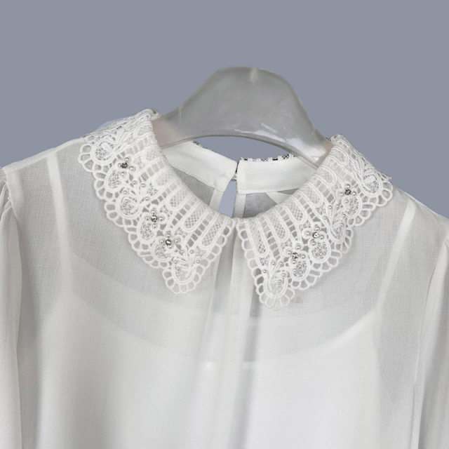 Lap series genuine beautiful beaded lace doll collar 7-quarter sleeve chiffon shirt two-piece set spring and summer 20015326
