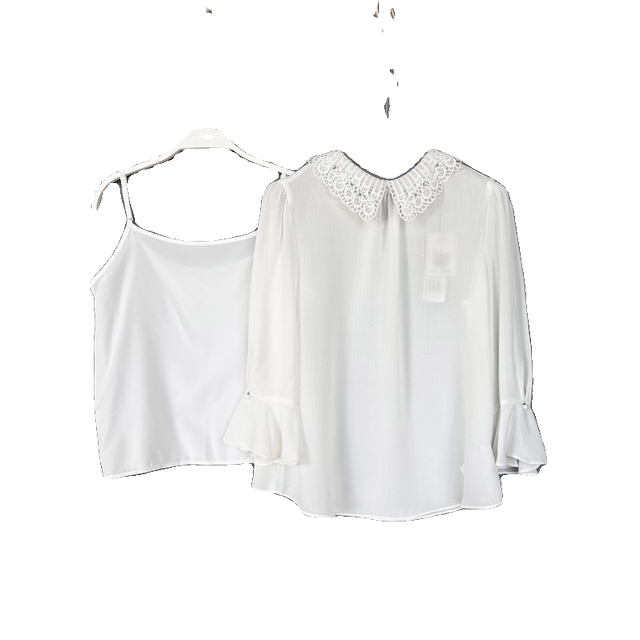 Lap series genuine beautiful beaded lace doll collar 7-quarter sleeve chiffon shirt two-piece set spring and summer 20015326
