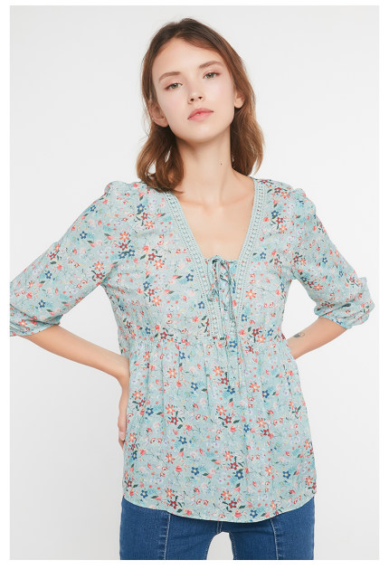 cache authentic mint mambo small fresh floral lace edge 7-quarter sleeve shirt for women spring and summer 8416002