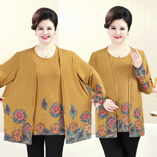 Middle-aged and elderly women's spring clothes, long-sleeved fake two-piece tops, plus fat body, large size, fat mother spring and autumn knitted T-shirt small shirt