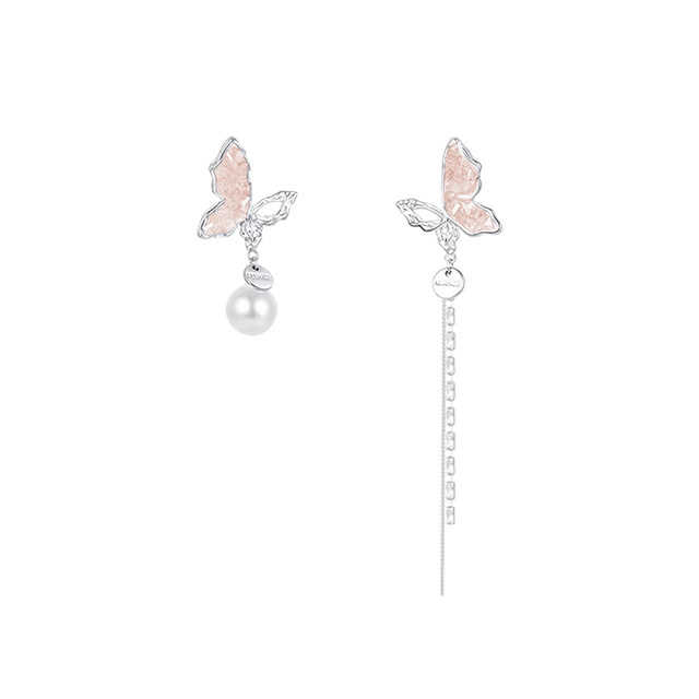 Pink long butterfly tassel ear clip for women light luxury high-end niche asymmetric earrings without earrings exquisite earrings