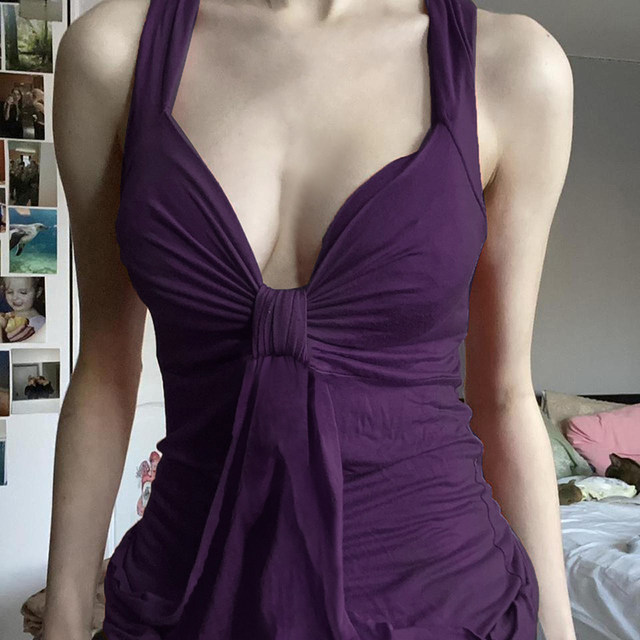 H-home European and American women's clothing, ancient charm pleated bow, purple suspender elegant sexy breasts, backless short top