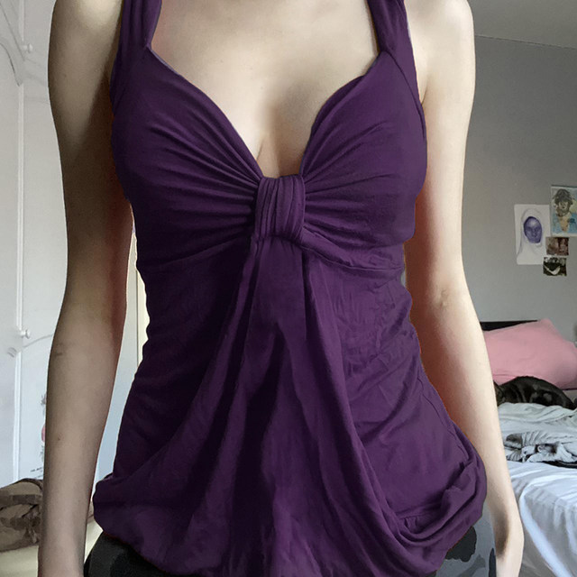 H-home European and American women's clothing, ancient charm pleated bow, purple suspender elegant sexy breasts, backless short top