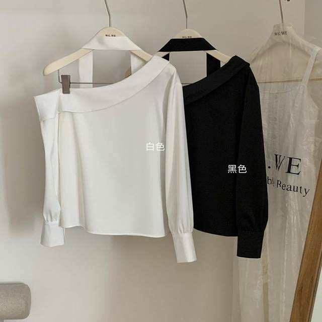 French temperament, the word -of -the -shoulder long -sleeved top, female early autumn design sense, niche, thin satin shirt