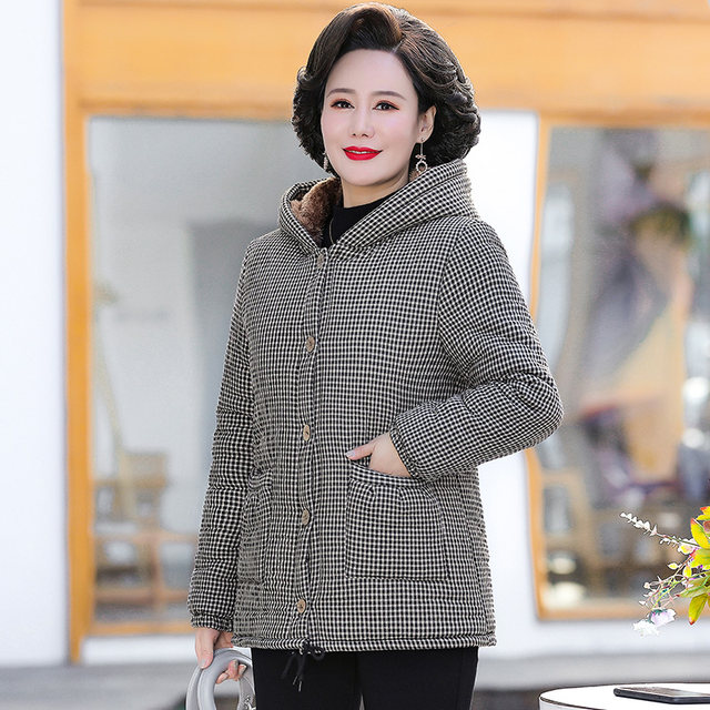 Winter clothing plus velvet and thick plaid cotton jacket for women, quilted hooded cotton coat, middle-aged and elderly mother's casual warm cotton coat