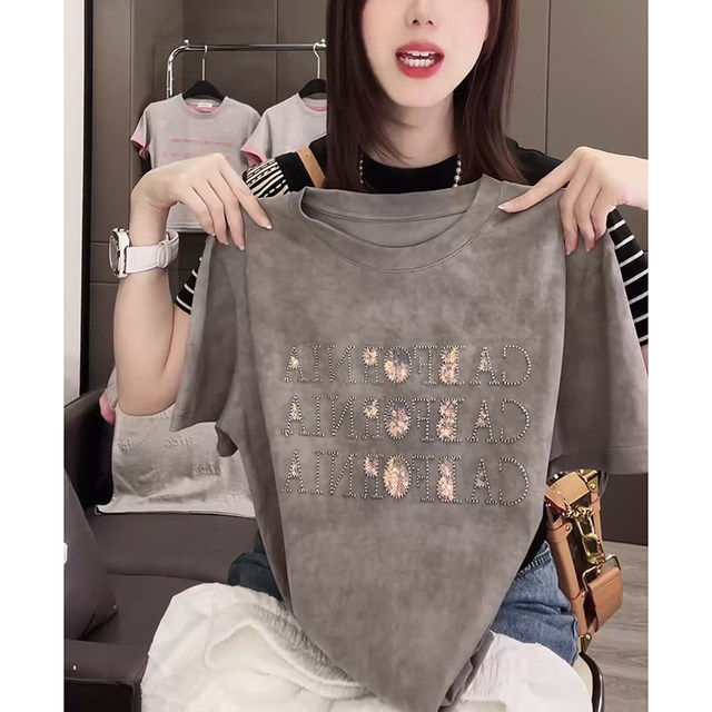 Heavy Industry Embroidery Sequin Short Sleeve T-shirt for Women 2025 Summer New Loose and Versatile Casual Design Women's Top
