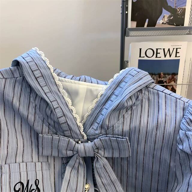 ins bow blue striped hooded shirt college style fashionable waist-hugging and slimming and chic 300 Jin [Jin equals 0.5 kg] fat mm top