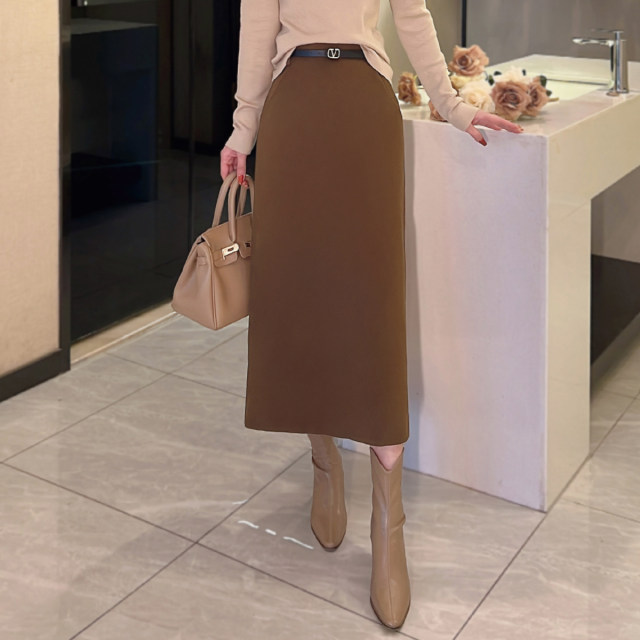 Pocket hair, woolen skirt, women's winter 2025 new thin temperament high -waist A -line wild straight long skirt
