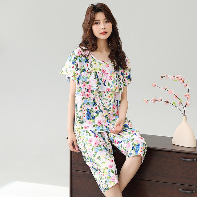 In summer, you can wear cotton and silk home clothing set women thin loose artificial cotton pajamas. Two sets of anti -convex spots
