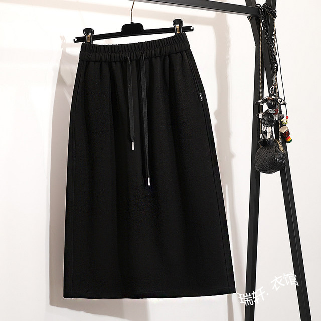 Mid-length elastic skirt brown casual skirt for women's autumn new high-waisted A-line skirt slim sports skirt long skirt
